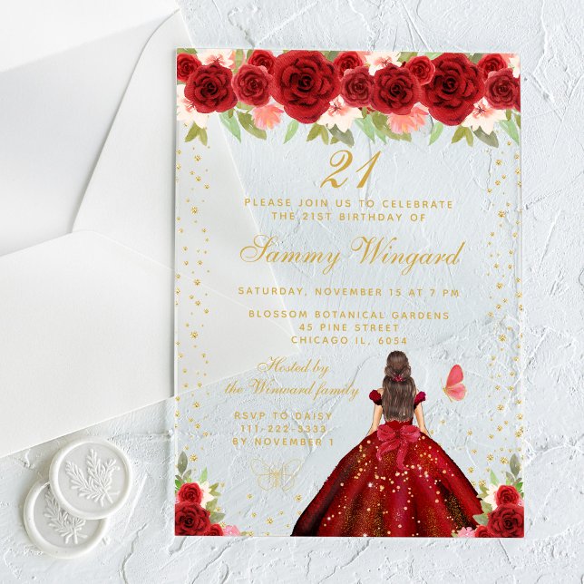 Red Floral Brunette Hair Princess Birthday Party Acrylic Invitations (Creator Uploaded)