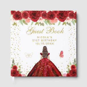 Red Floral Brunette Hair Princess Birthday Party Guest Book