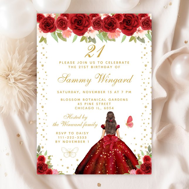 Red Floral Brunette Hair Princess Birthday Party Invitation (Creator Uploaded)