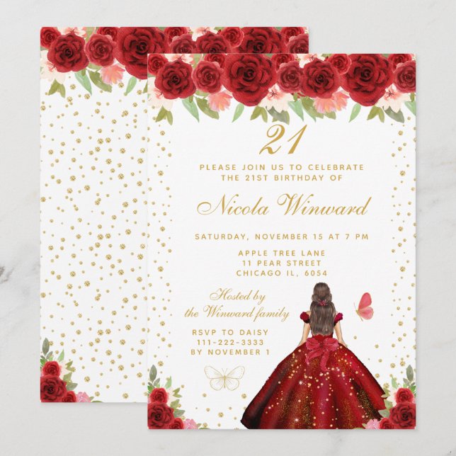 Red Floral Brunette Hair Princess Birthday Party Invitation (Front/Back)