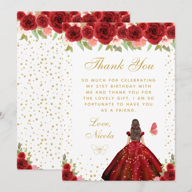 Red Floral Brunette Hair Princess Birthday Party Thank You Card (Front/Back)