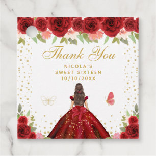 Red Floral Brunette Hair Princess Sweet Sixteen Favour Tags