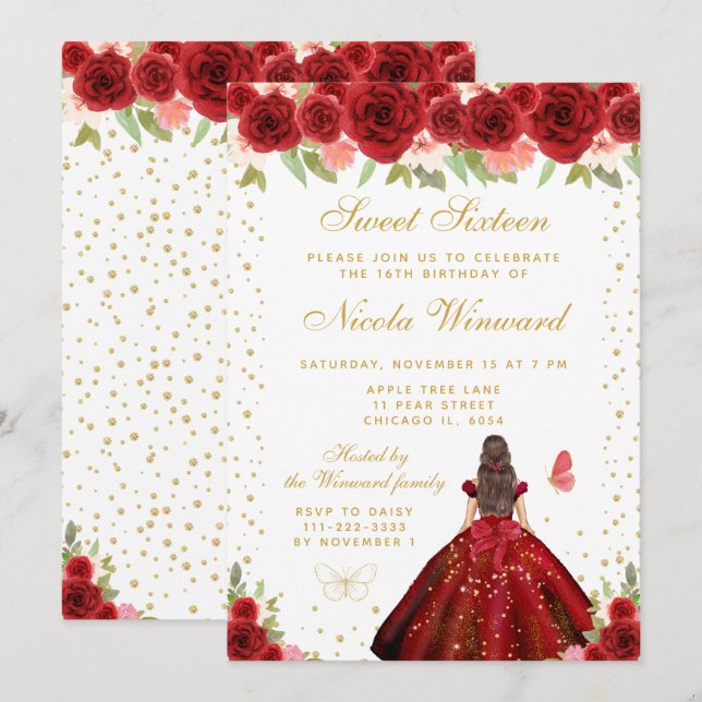 Red Floral Brunette Hair Princess Sweet Sixteen Invitation (Front/Back)