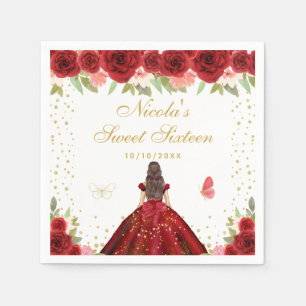 Red Floral Brunette Hair Princess Sweet Sixteen Napkin
