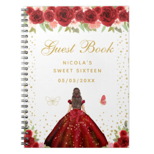 Red Floral Brunette Hair Princess Sweet Sixteen Notebook