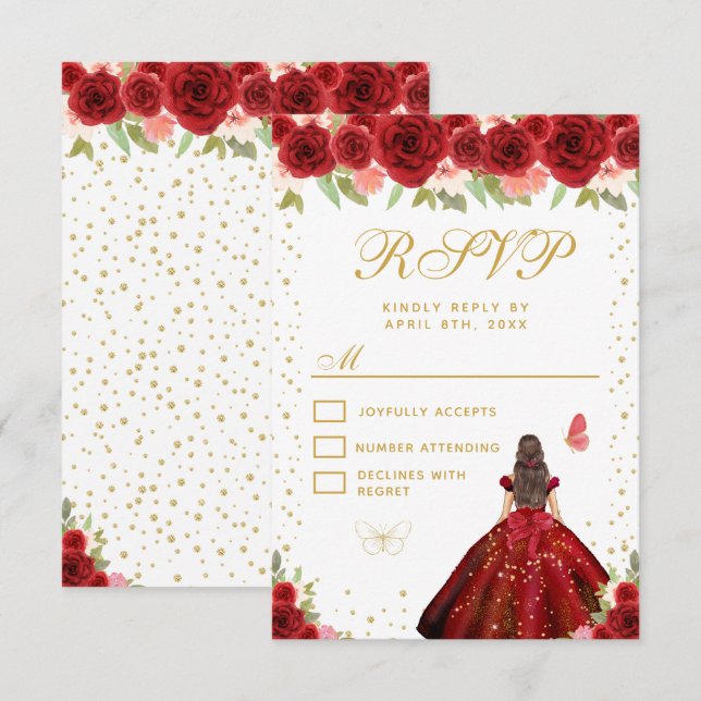 Red Floral Brunette Hair Princess Sweet Sixteen RSVP Card (Front/Back)