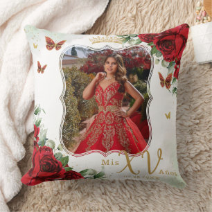 Red Floral Butterflies Picture Quinceañera Memento Cushion