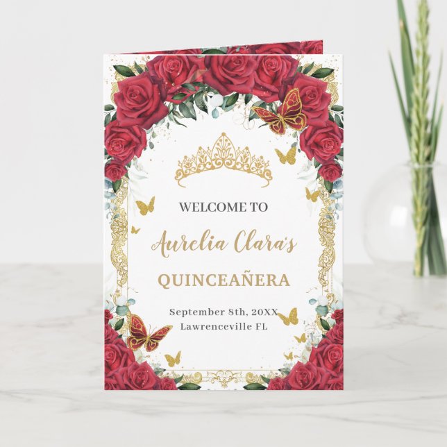 Red Floral Butterflies Quinceañera Order of Events Program (Front)