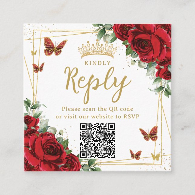Red Floral Butterflies Quinceanera RSVP QR Code Enclosure Card (Front)