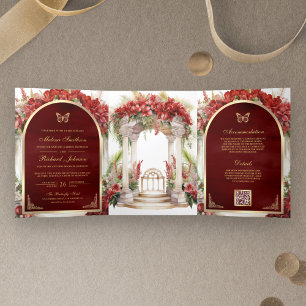 Red Floral Butterfly Garden All in One Wedding Tri-Fold Invitation