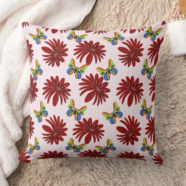 Red Floral Butterfly Pattern | Bold Daisy Flower A Cushion (Blanket)