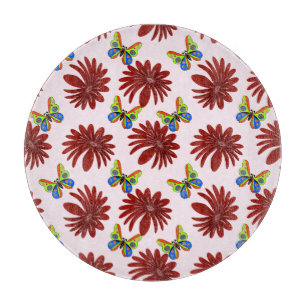 Red Floral Butterfly Pattern Bold Daisy Flower A Cutting Board