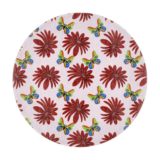 Red Floral Butterfly Pattern | Bold Daisy Flower A Cutting Board (Front)