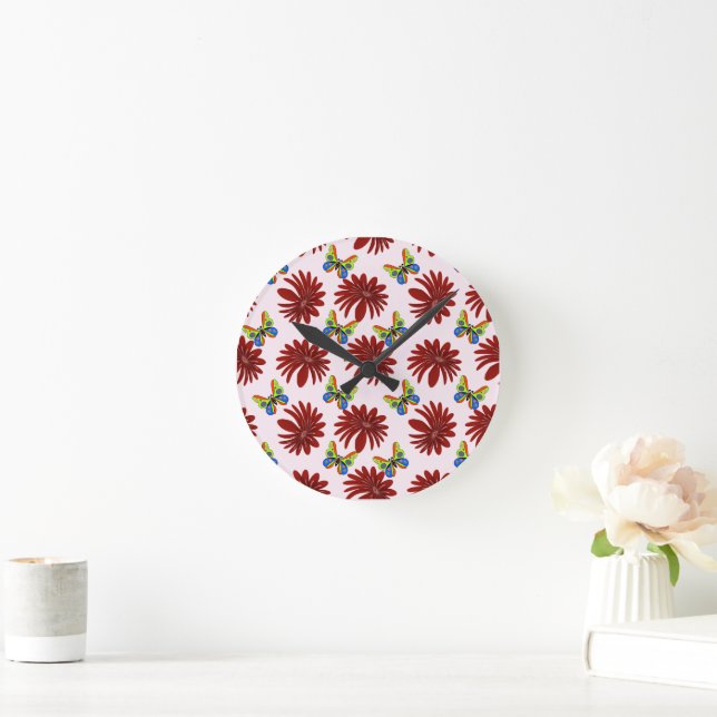 Red Floral Butterfly Pattern | Bold Daisy Flower A Round Clock (Home)