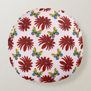 Red Floral Butterfly Pattern   Bold Daisy Flower A Round Cushion
