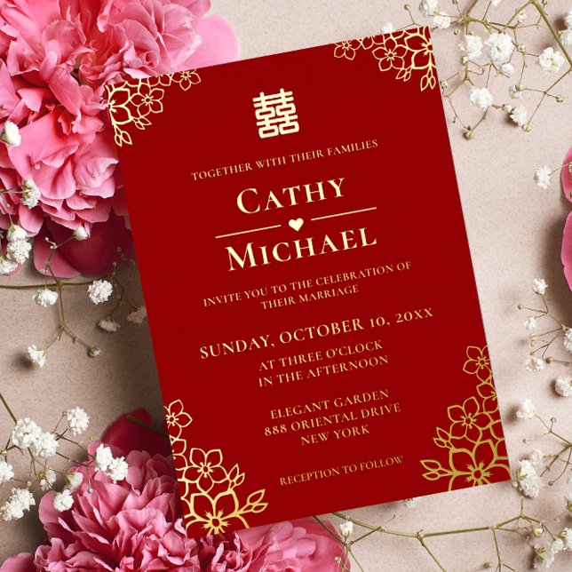 Red floral Chinese wedding cherry blossom (Traditional Chinese Wedding invitation gold foil cherry blossom floral red design )