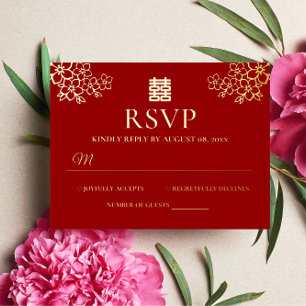 Red floral Chinese wedding cherry blossom RSVP Foil Invitation Postcard