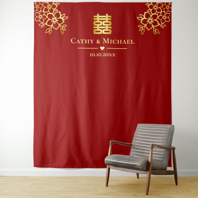 Red floral Chinese wedding tea ceremony backdrop Tapestry (In Situ)