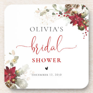 Red Floral Christmas Bridal Shower Coasters