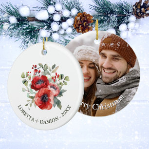 Red Floral Christmas Ceramic Ornament