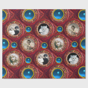 RED FLORAL CHRISTMAS CROWNS,BLUE GEMS PHOTO FRAME WRAPPING PAPER