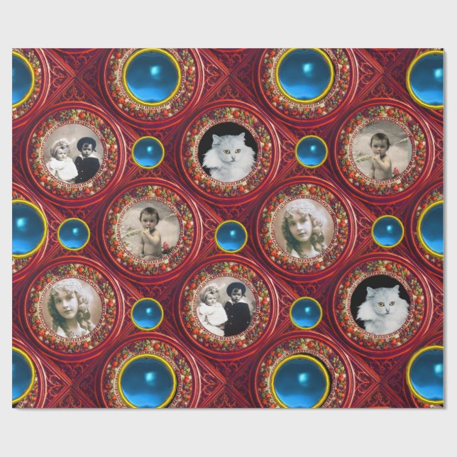 RED FLORAL CHRISTMAS CROWNS,BLUE GEMS PHOTO FRAME WRAPPING PAPER (Flat)