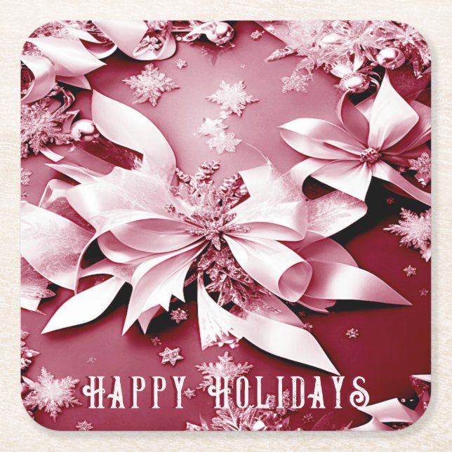 Red Floral Christmas Holiday Paper Coaster (Front)