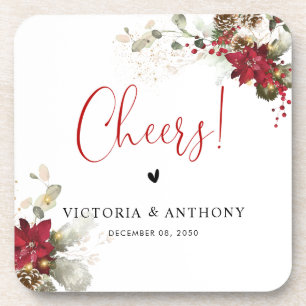Red Floral Christmas Square Wedding Coaster