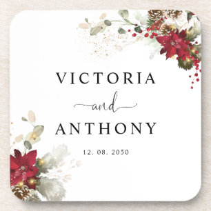 Red Floral Christmas Square Wedding Coaster