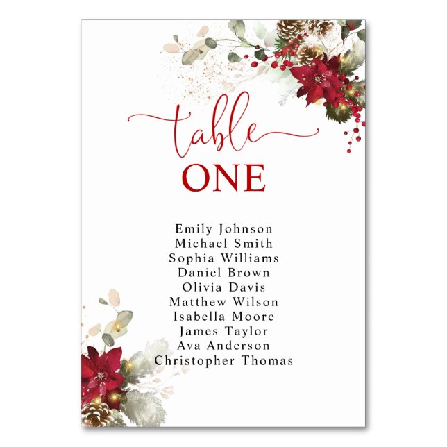 Red Floral Christmas Table Number Seating Chart (Front)