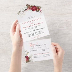 Red Floral Christmas Wedding All In One Invitation