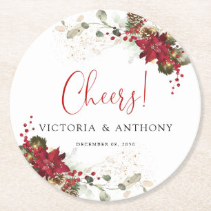 Red Floral Christmas Wedding Cheers Round Coaster