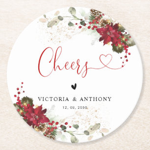Red Floral Christmas Wedding Cheers Round Coaster