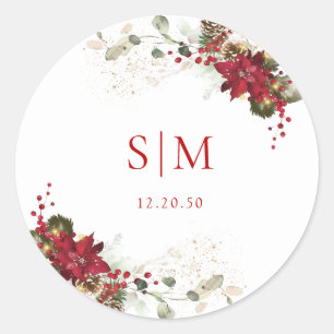 Red Floral Christmas Wedding Classic Round Sticker