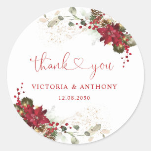 Red Floral Christmas Wedding Classic Round Sticker