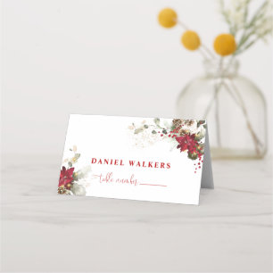 Red Floral Christmas Wedding Folded Place Card