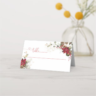 Red Floral Christmas Wedding Folded Place Card