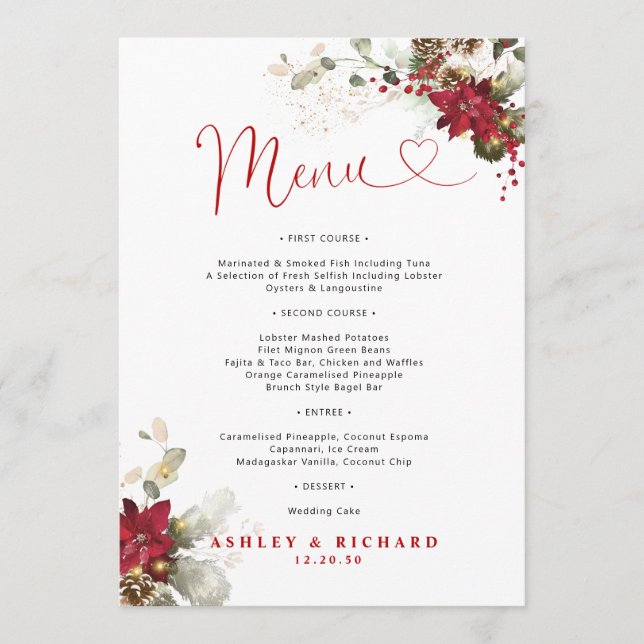 Red Floral Christmas Wedding Menu  (Front)