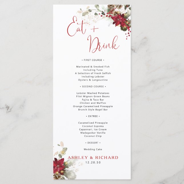 Red Floral Christmas Wedding Menu  (Front)