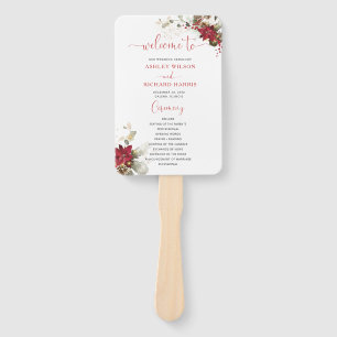 Red Floral Christmas Wedding Program Hand Fan