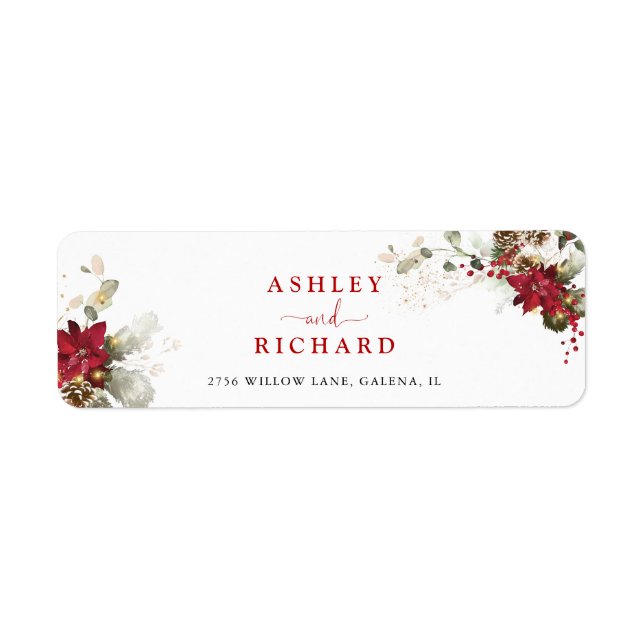 Red Floral Christmas Wedding Return Address Label (Front)