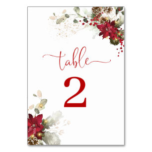 Red Floral Christmas Wedding Table Number Card