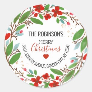 Red Floral Christmas Wreath Return Address Label