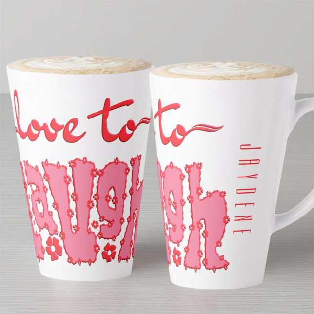 Red Floral Chunky Text Slogan With Name Latte Mug (A beautiful mix of elegant cursive script and bold, floral-detailed block lettering in red and pink.)