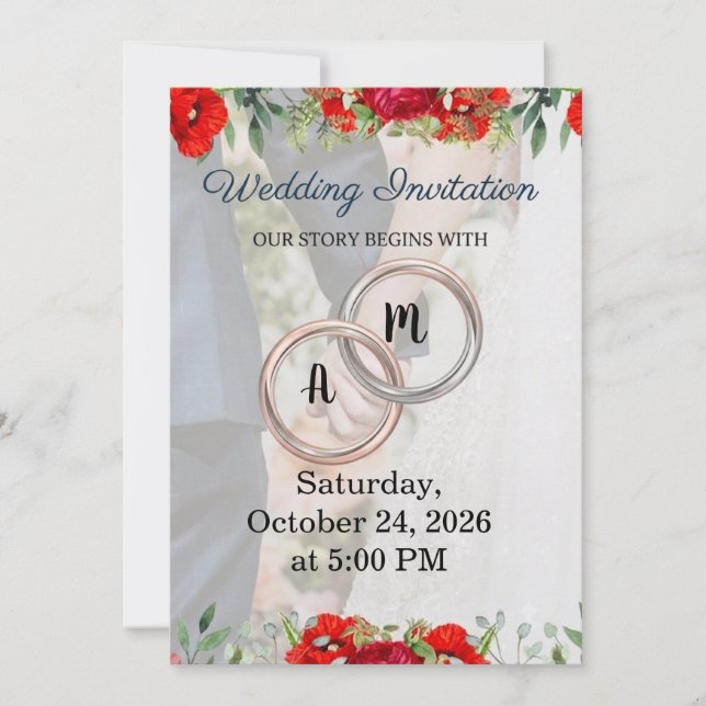 ​Red Floral Couple Monogram Wedding Invitation (Front)