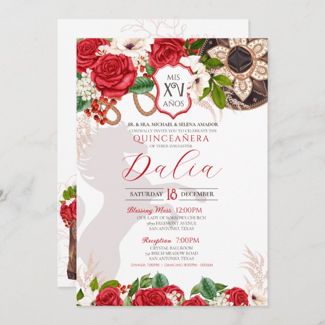Red Floral Crest Rose Charro Quinceañera Invitation (Front/Back)