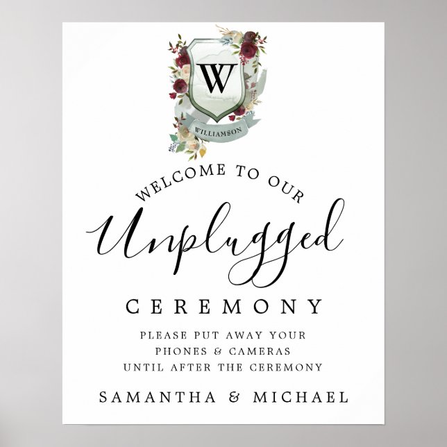 Red Floral Crest Unplugged Wedding Ceremony Sign (Front)