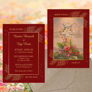 Red Floral Cross Christian Easter Brunch Egg Hunt Invitation