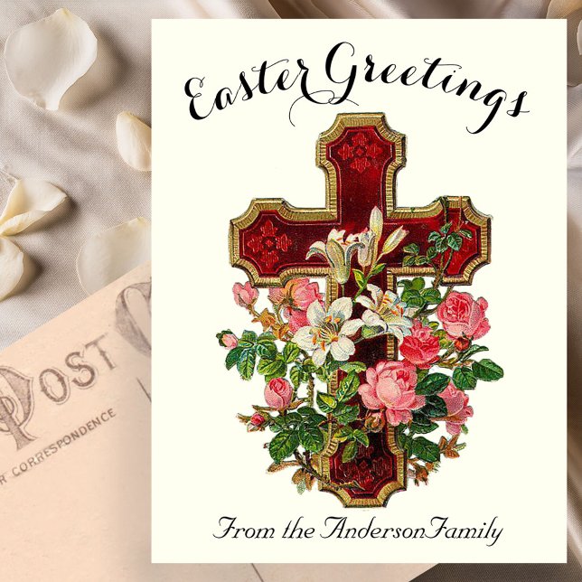 Red Floral Cross Vintage Easter Religious Postcard (Creator Uploaded)