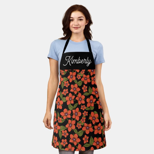 Red Floral custom name Apron (Worn)